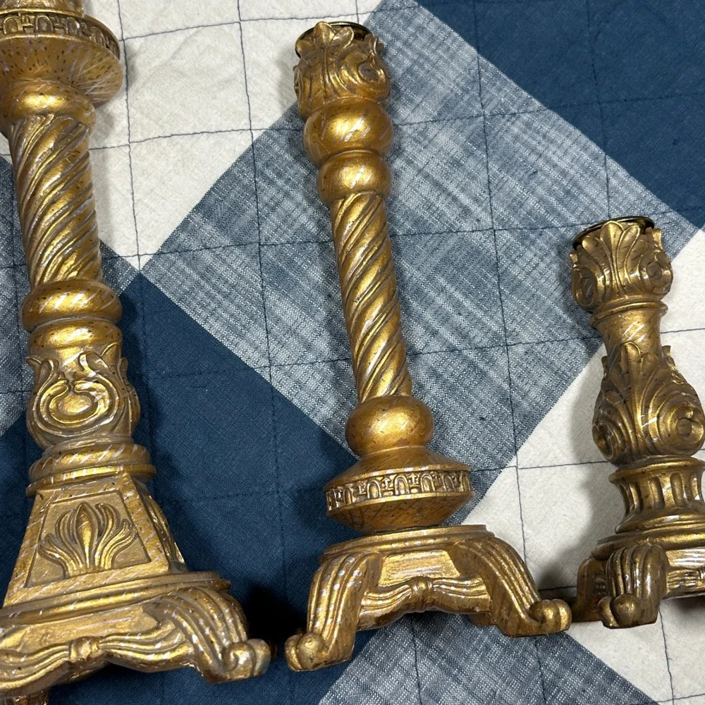 Vtg Regency Baroque Style Bronze Gold Ceramic Candle Stick Holders Set Of 3